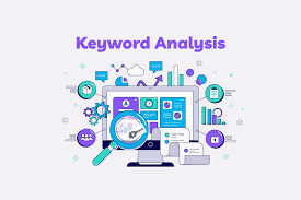 A digital illustration representing Keyword Analysis, featuring a magnifying glass over a computer screen with data, charts, and search terms. It symbolizes research for SEO and paid ad campaigns.